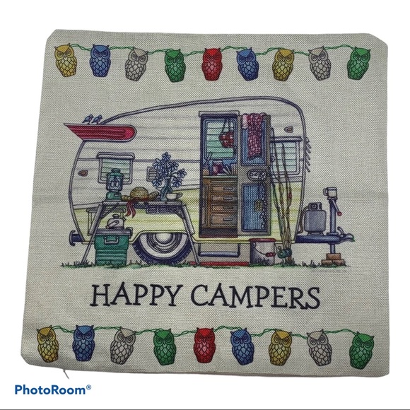 HAPPY CAMPER Throw Pillow Zipper Cover 17”x17” RV Caravan Traveler Vacation - Picture 1 of 4